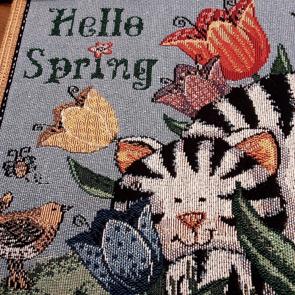 Set of 2 Cat Tapestry Placemats Hello Spring 18x13 with matching Pot Holder - Picture 2 of 8